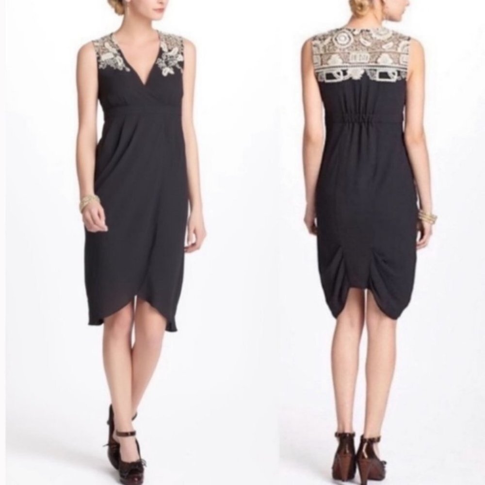 Anthropologie Meadow Rue Tulip Dress Black Cream Lace Detail Size 4 Knee Length‎
